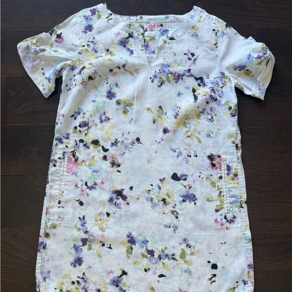 J. Jill Love Linen Shirt Dress/tunic Petite XS Floral Watercolor With Pockets